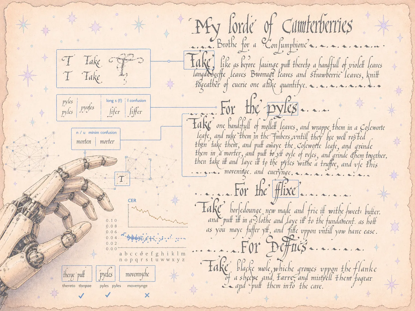 Early modern recipe manuscript with paleographic annotations
