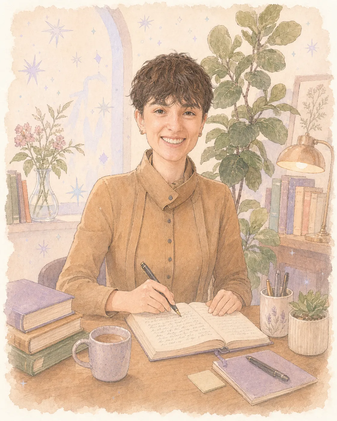 Portrait of Sarah Bonanno at her writing desk