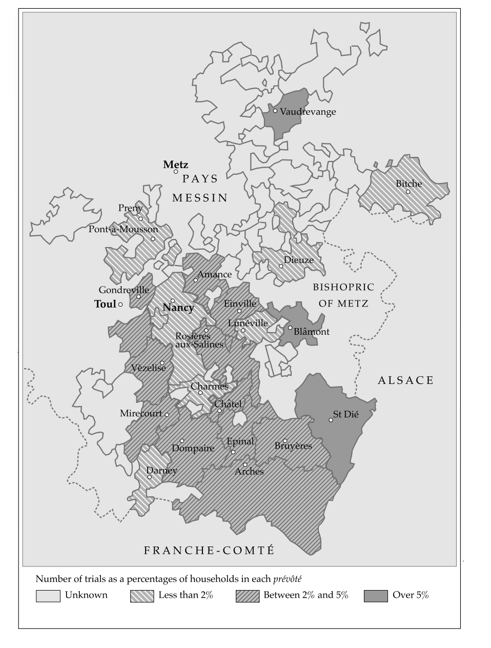 Map of witch trial density by prévôté in the Duchy of Lorraine